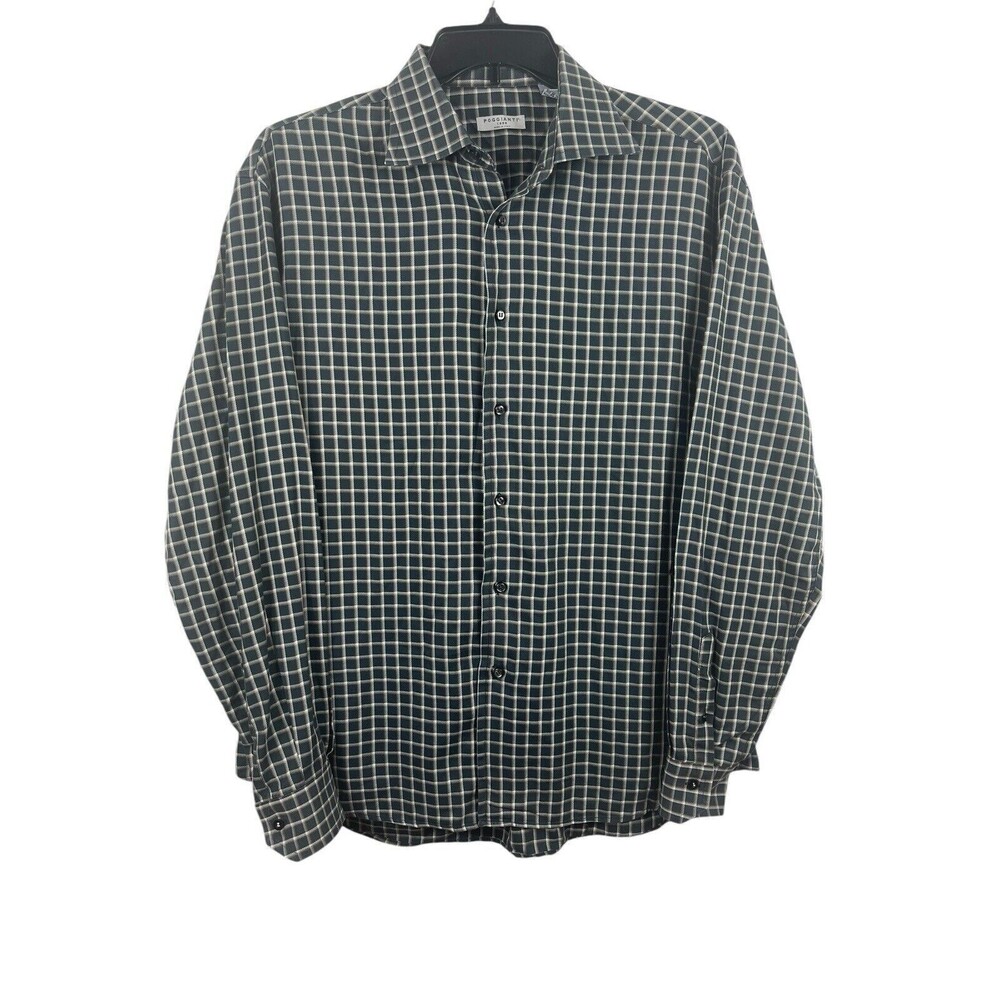 Poggianti 1958 Gray Teal Beige Plaid Long Sleeve Button Up Made In Italy XL Top